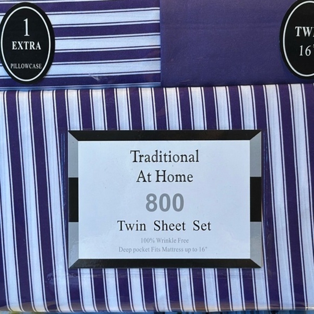 Traditional At Home 4 pc Twin Sheet Set Purple Passion and white stripes.